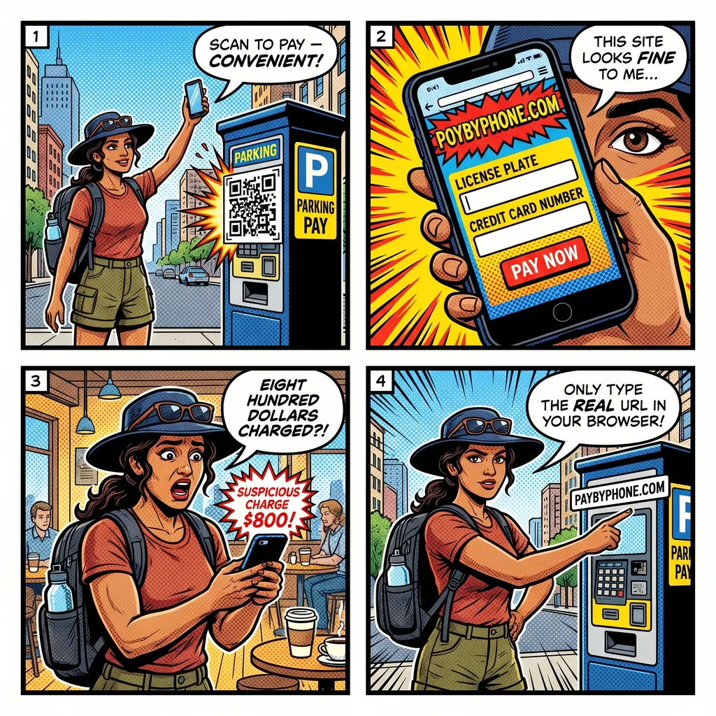 Fake QR Code Parking Meter Scam — comic illustration