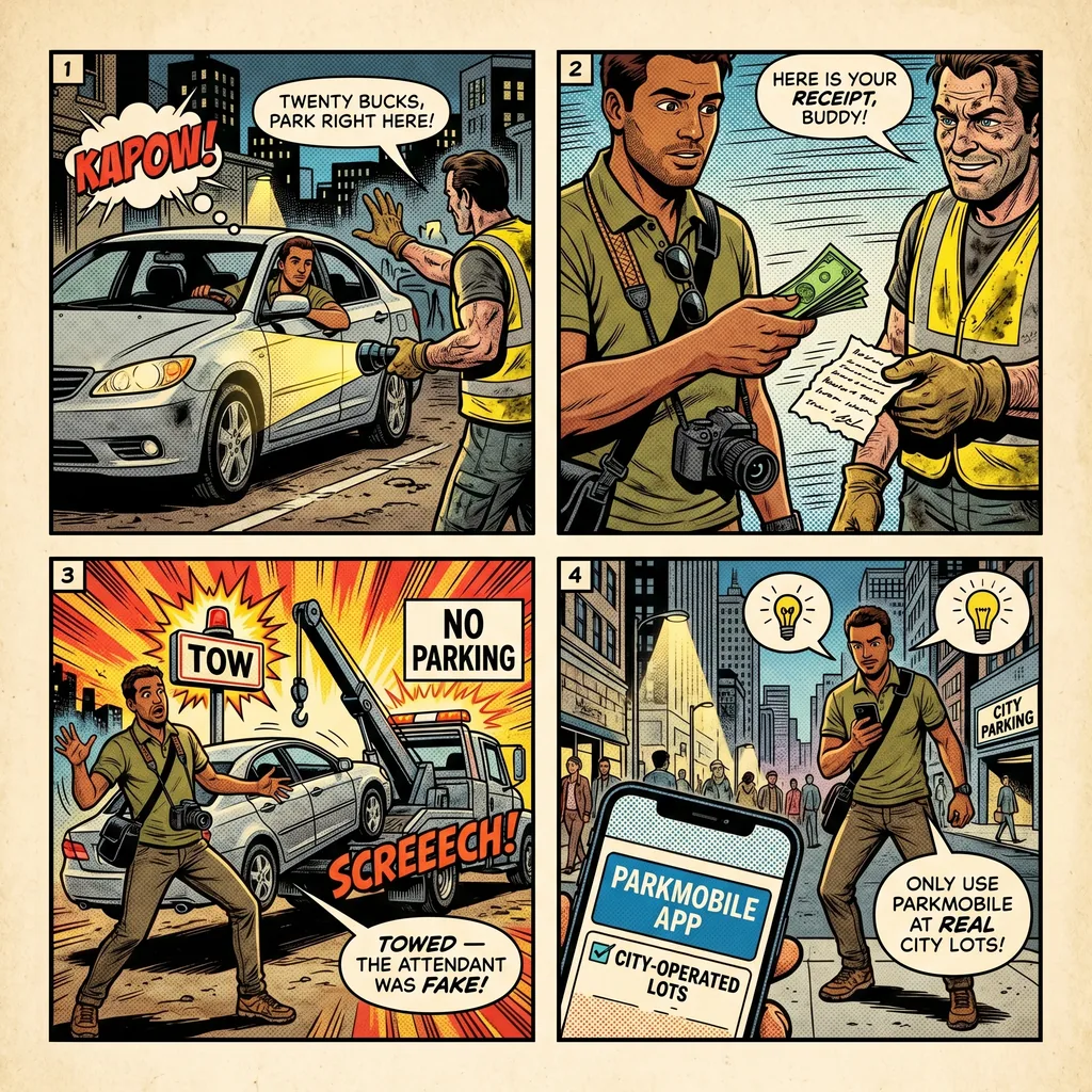 Fake Parking Lot Attendant Scam — comic illustration