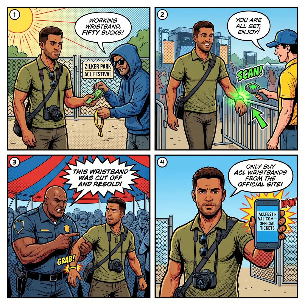 ACL and SXSW Fake Ticket and Wristband Scam — comic illustration