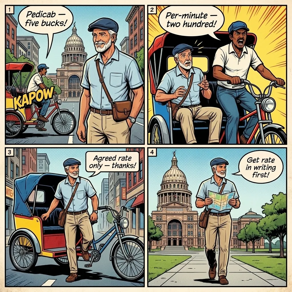 Pedicab Surprise Fare on Sixth Street — comic illustration