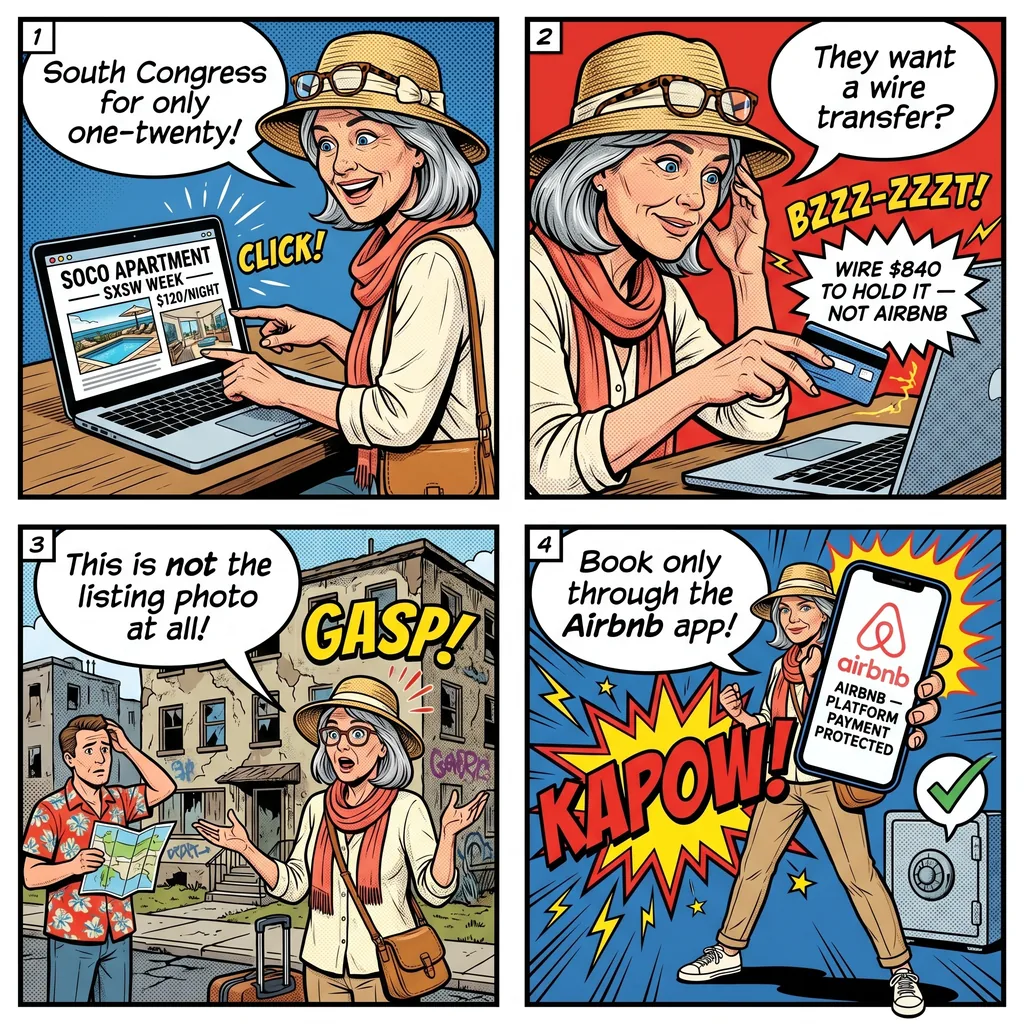 Fake Vacation Rental Listing Scam — comic illustration
