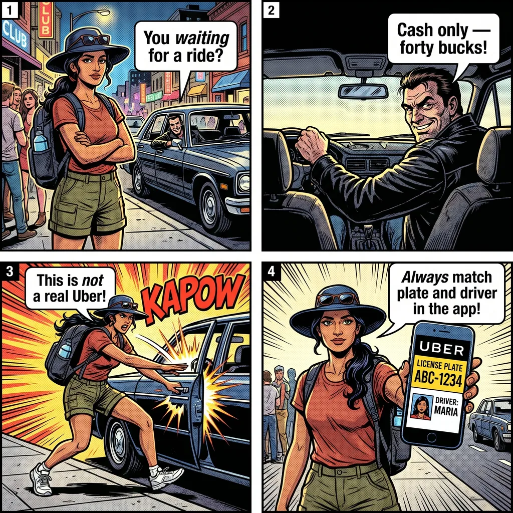 Fake Rideshare Driver at Night — comic illustration