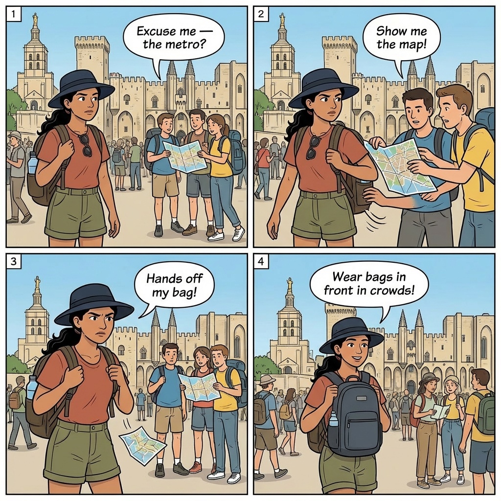 Pickpocketing at Tourist Hotspots — comic illustration