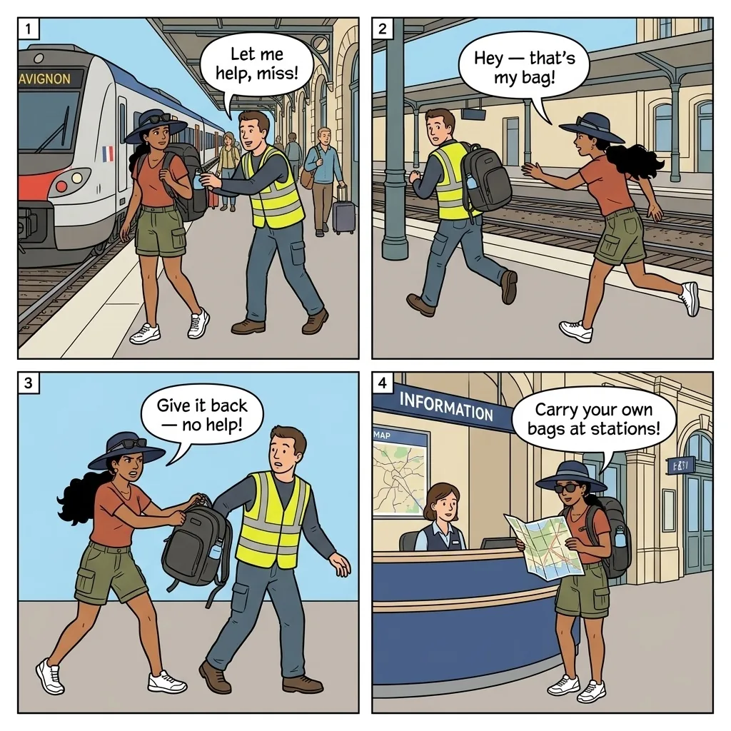 Train Station Luggage Theft — comic illustration