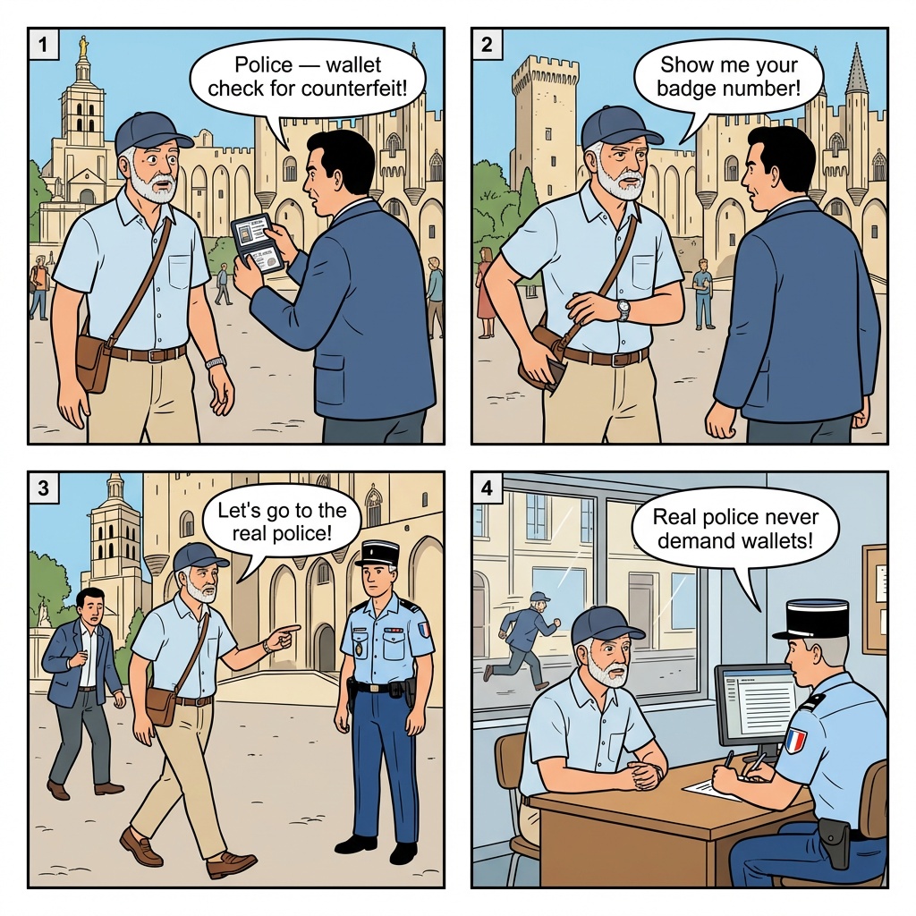 Fake Police Officer Scam — comic illustration