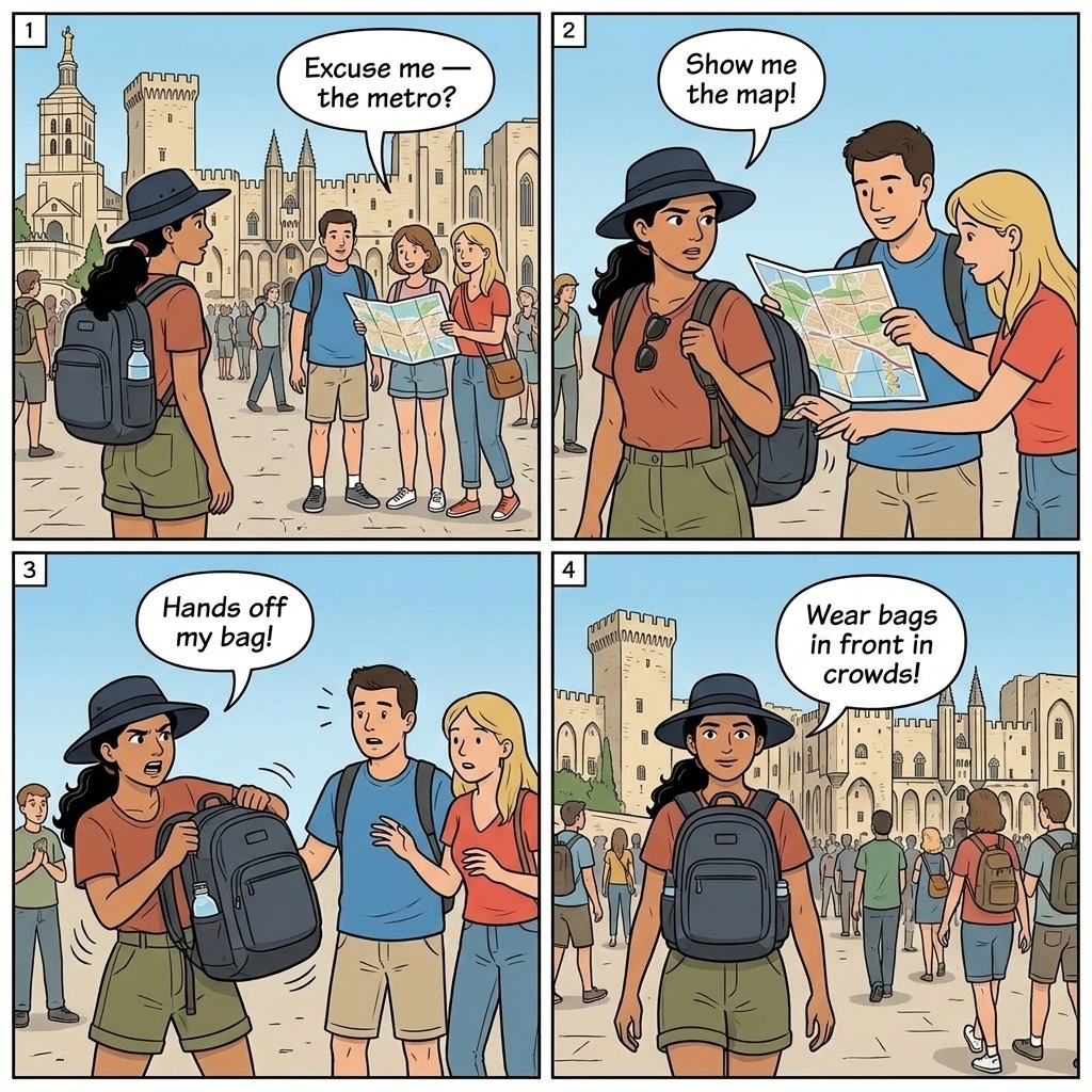 Festival d'Avignon Crowd Scams — comic illustration