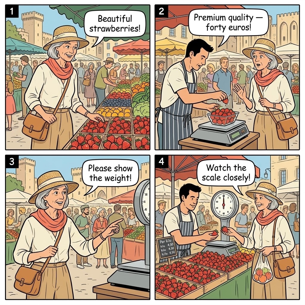 Les Halles Market Upselling — comic illustration