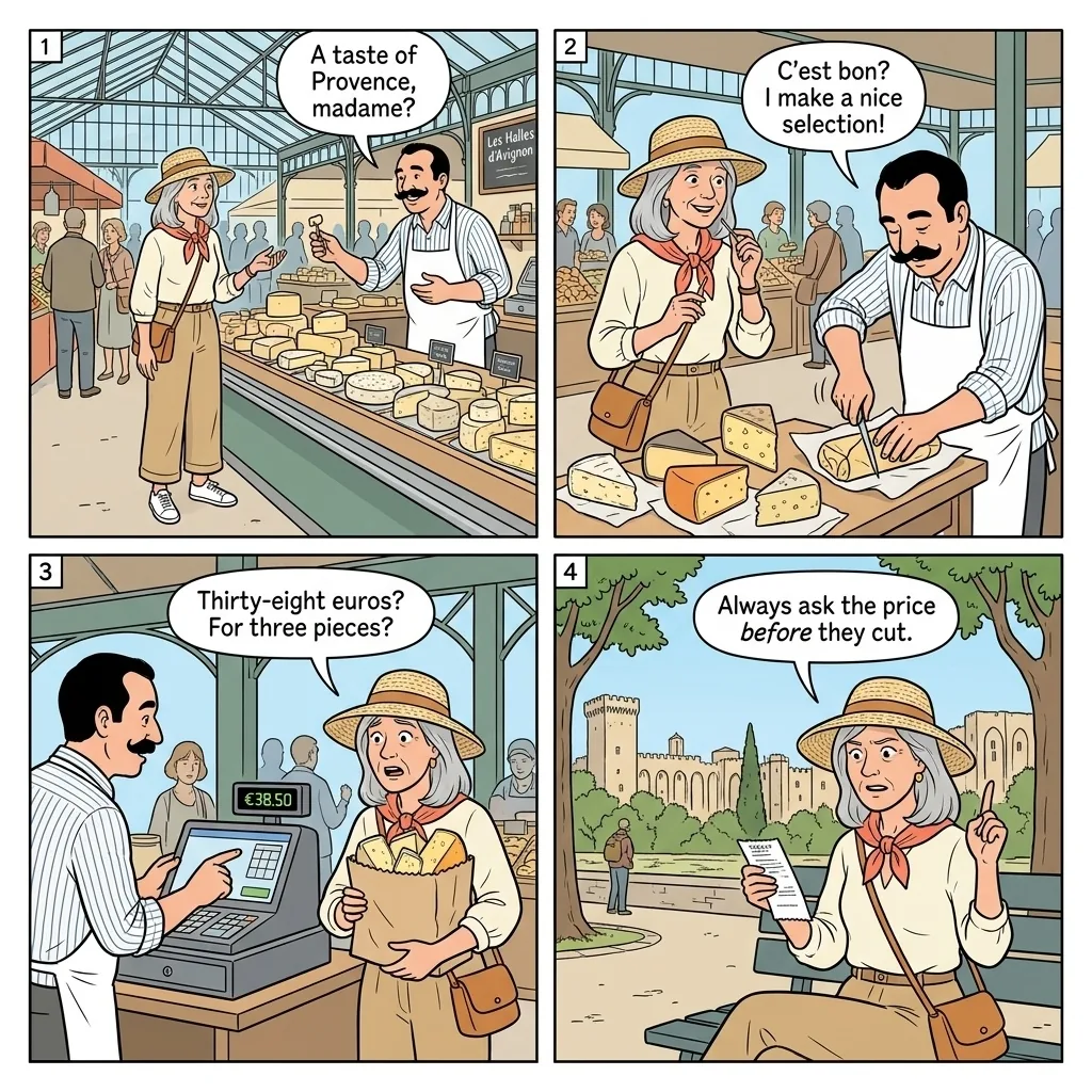 Les Halles Market Upselling — comic illustration