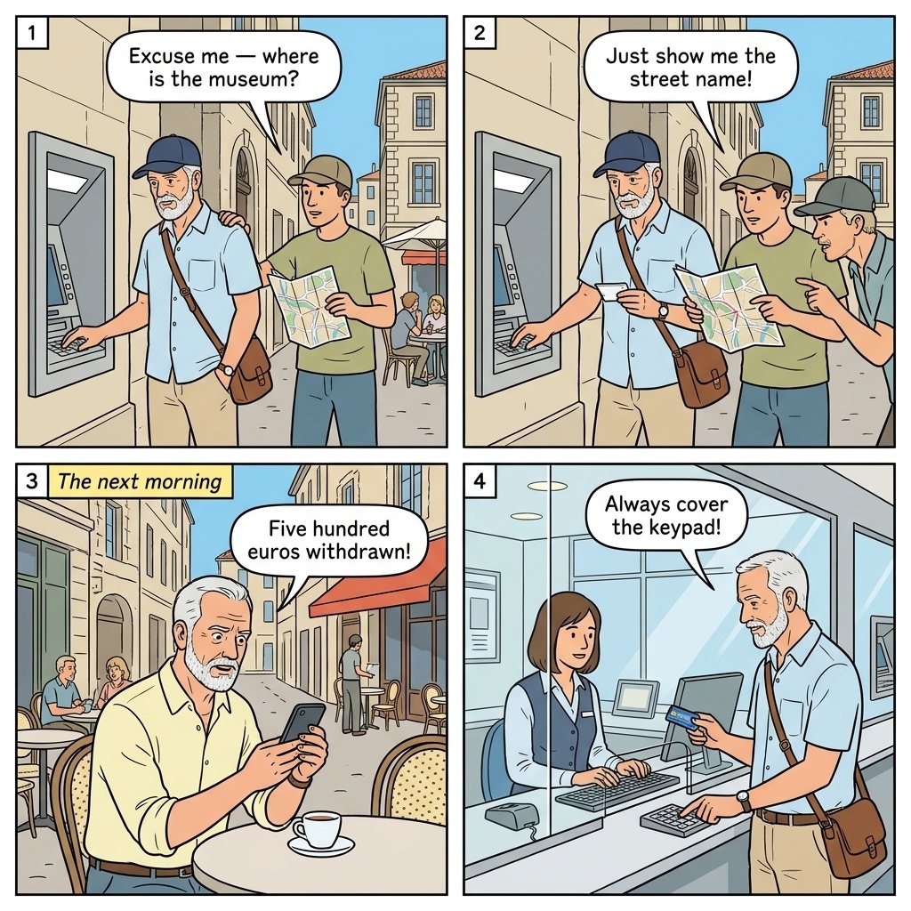 ATM Skimming and Card Fraud — comic illustration