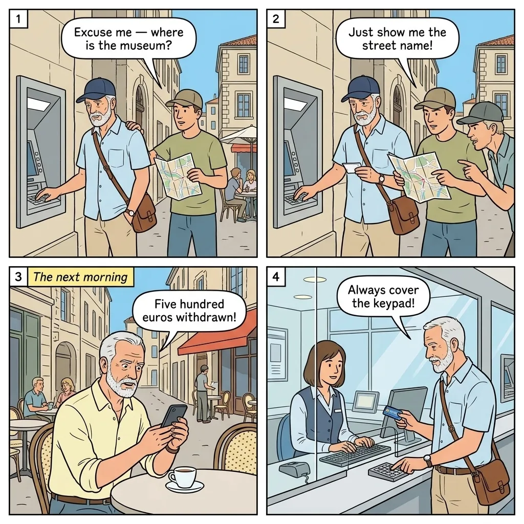 ATM Skimming and Card Fraud — comic illustration