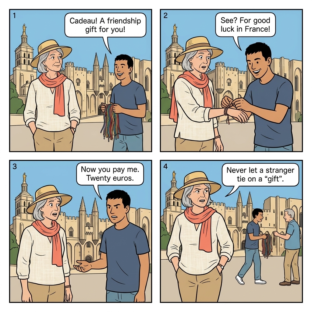 Friendship Bracelet Scam — comic illustration