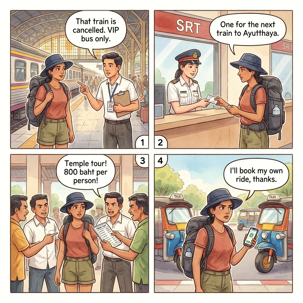 Ayutthaya Train Station 'Mafia' Tuk-Tuk Intercept — comic illustration
