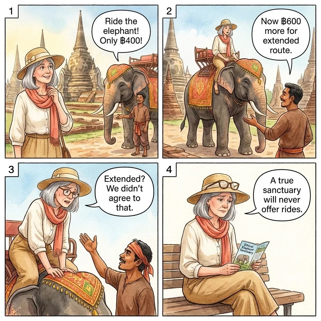 Ayutthaya Elephant Ride Overcharge & Ethics — comic illustration