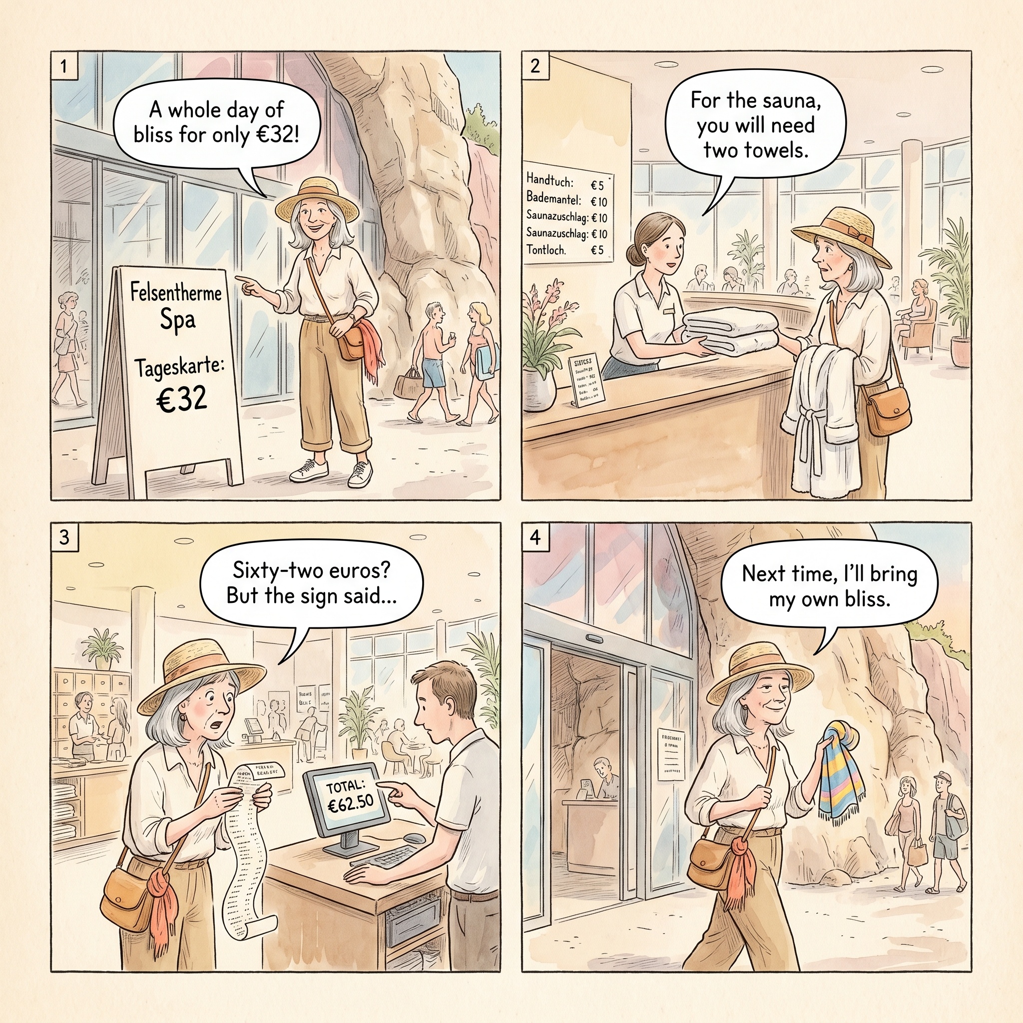 Thermal Spa Hidden Extra Fees — comic illustration