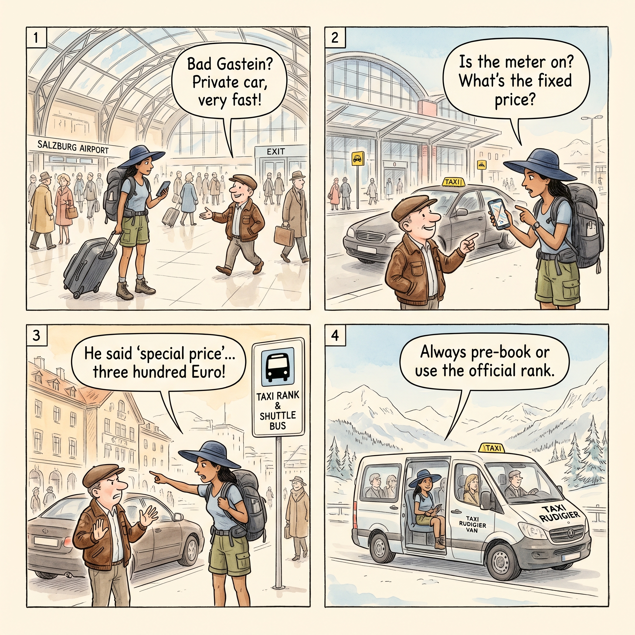Unofficial Salzburg Airport Transfer Overcharge — comic illustration