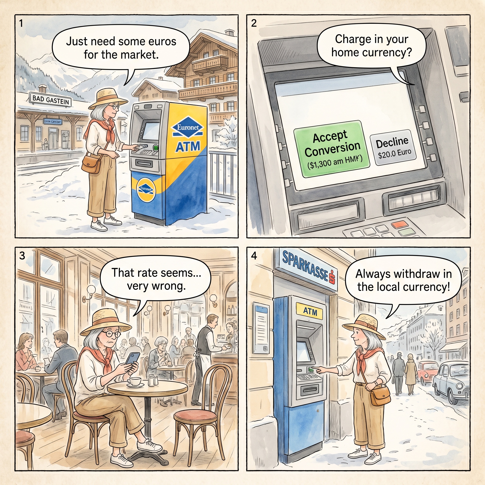 Euronet ATM Currency Conversion Trap — comic illustration