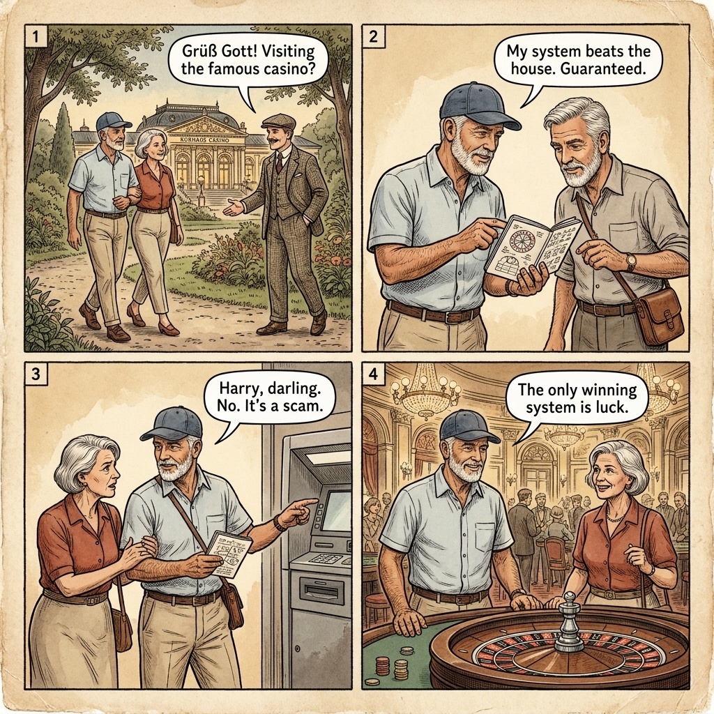 Baden-Baden Casino 'Roulette System' & Gambling-Related Scams — comic illustration