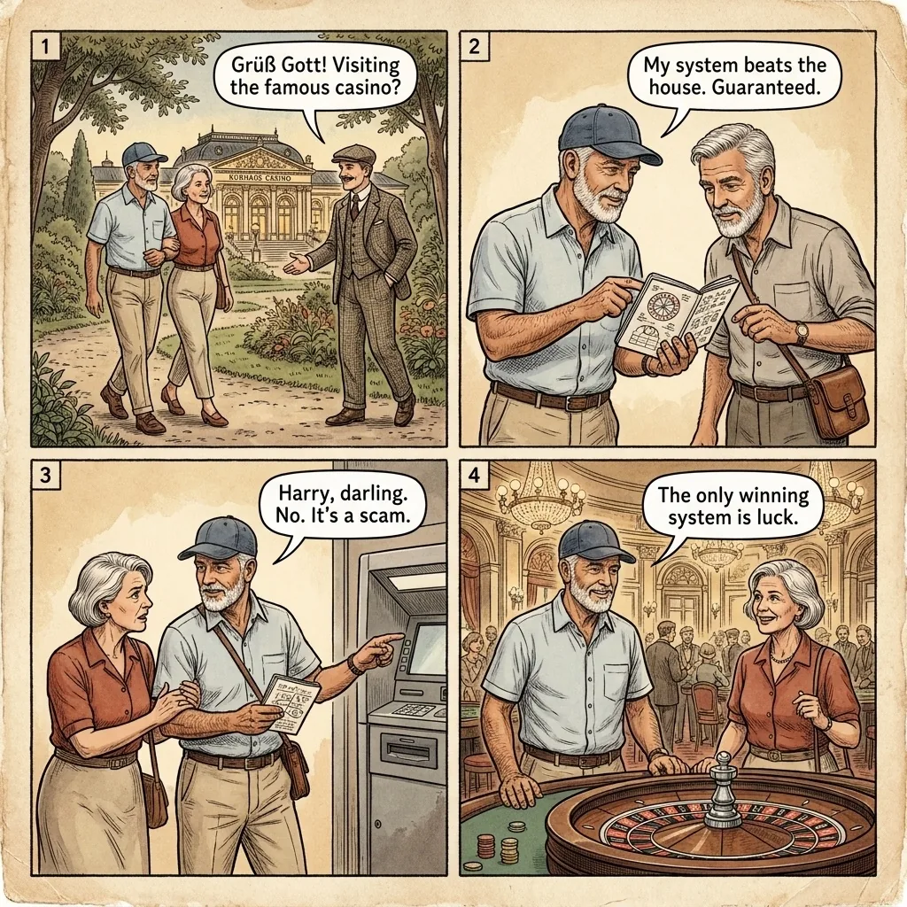 Baden-Baden Casino 'Roulette System' & Gambling-Related Scams — comic illustration