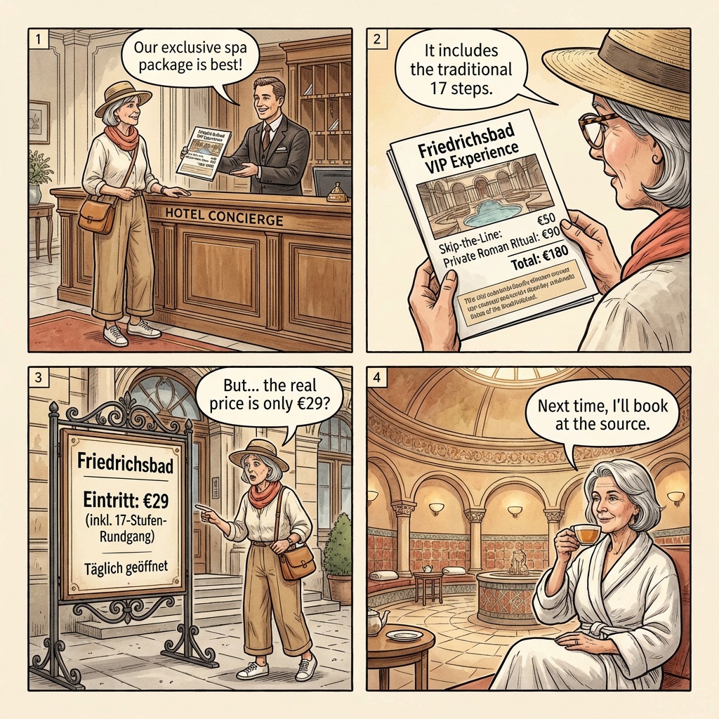 Friedrichsbad / Caracalla-Therme Spa Ticket Reseller Scam — comic illustration
