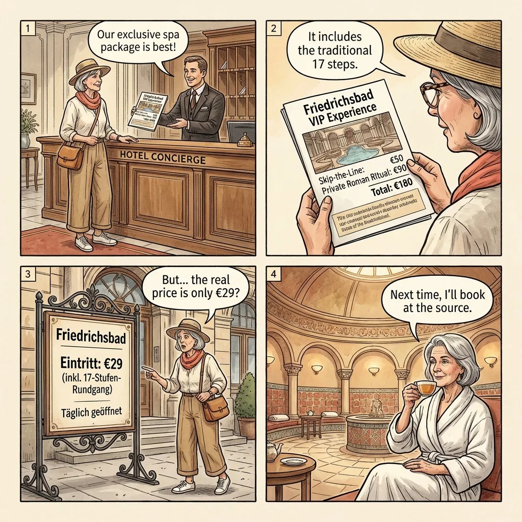 Friedrichsbad / Caracalla-Therme Spa Ticket Reseller Scam — comic illustration