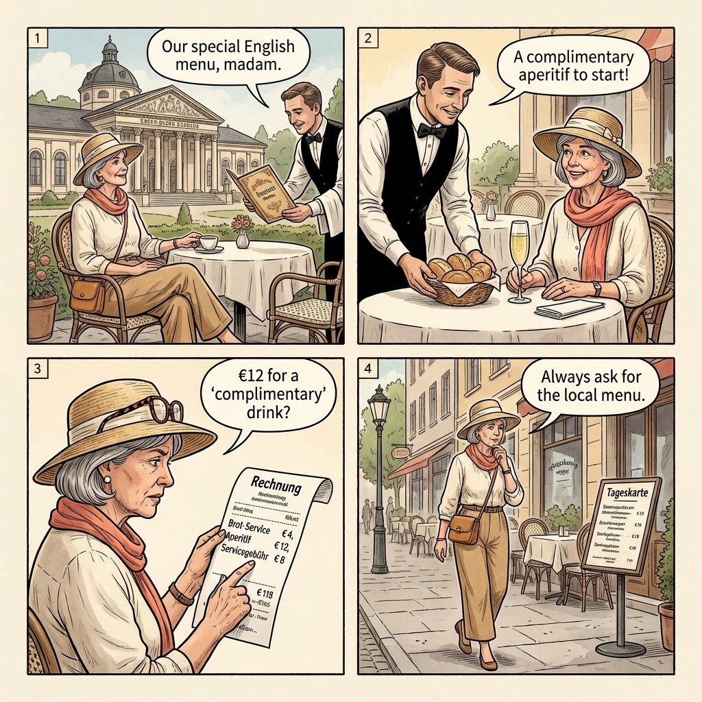 Baden-Baden Kurhaus / Römerplatz Tourist-Restaurant Overcharge — comic illustration