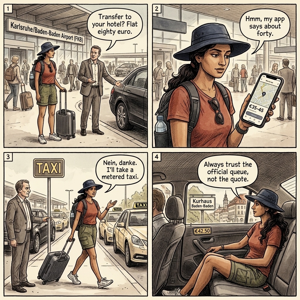 Baden-Baden Airport / Rail Transfer Overcharge & 'DB Baden' Ticket Con — comic illustration