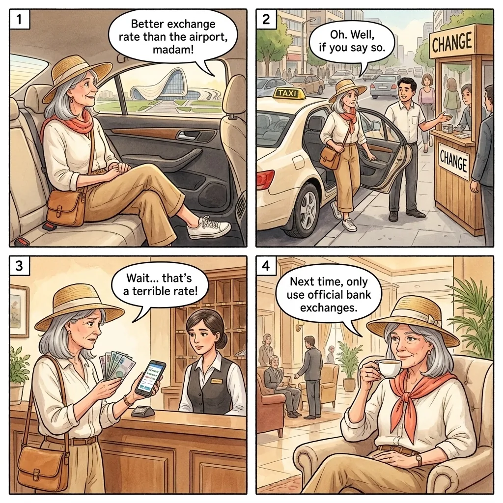 The Currency Exchange Commission Stop — comic illustration
