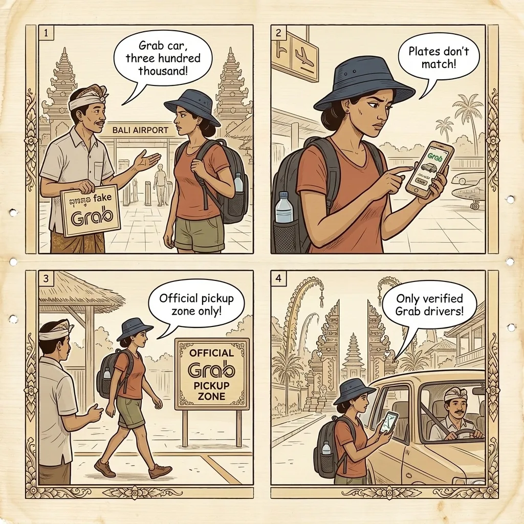 Bali Ngurah Rai Airport Fake-Grab & Taxi Mafia — comic illustration