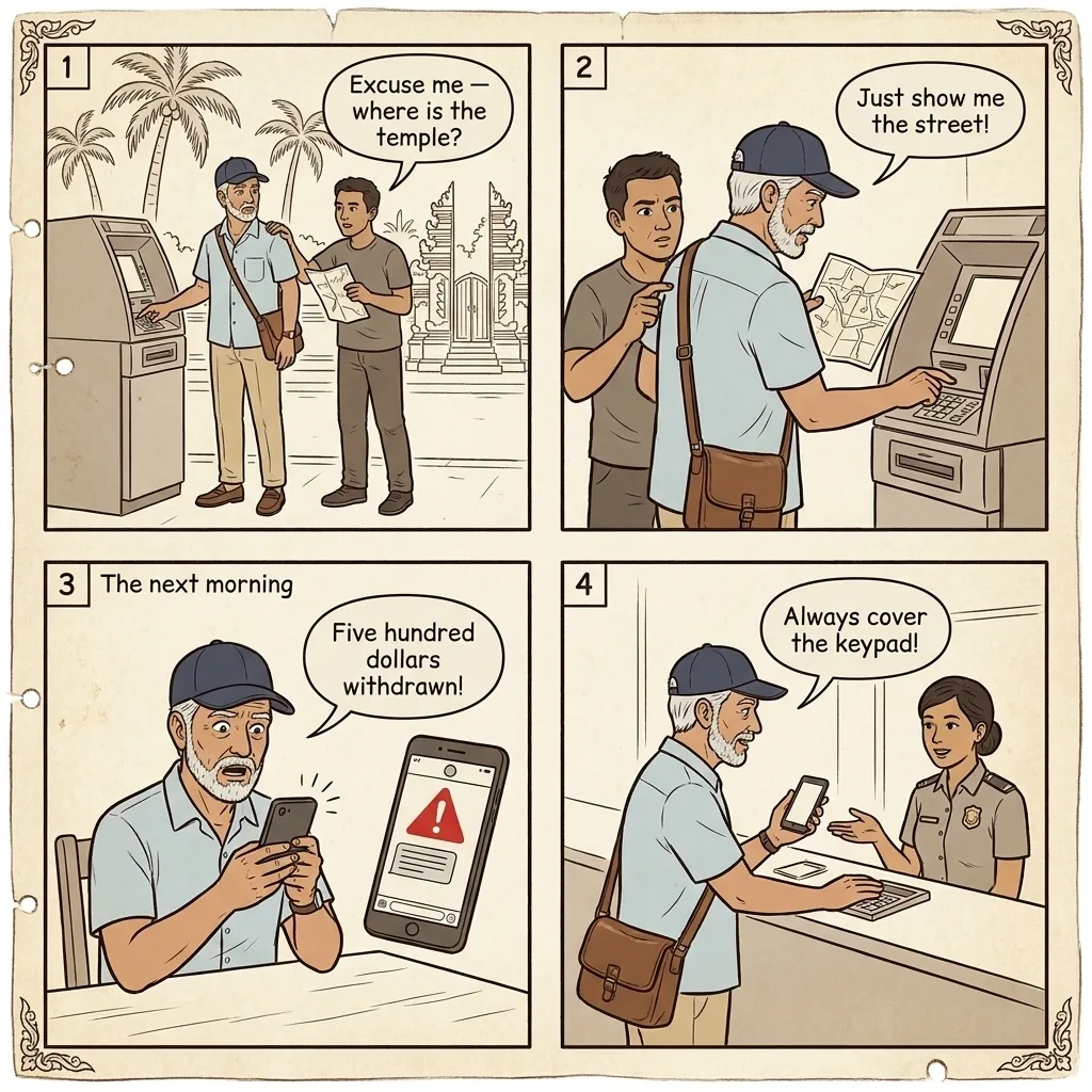 Bali ATM Skimmer Fraud & Card Cloning — comic illustration