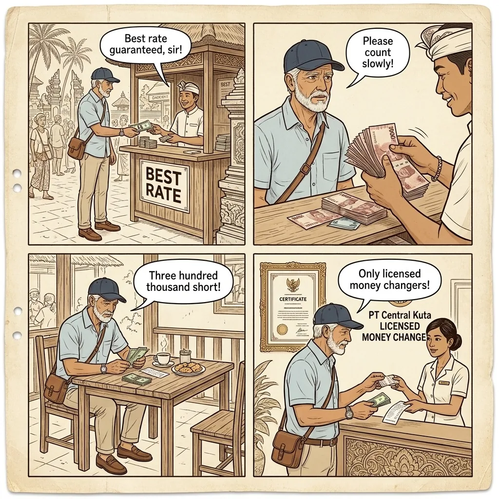 Money Changer Sleight-of-Hand & 'Best Rate' Trap — comic illustration