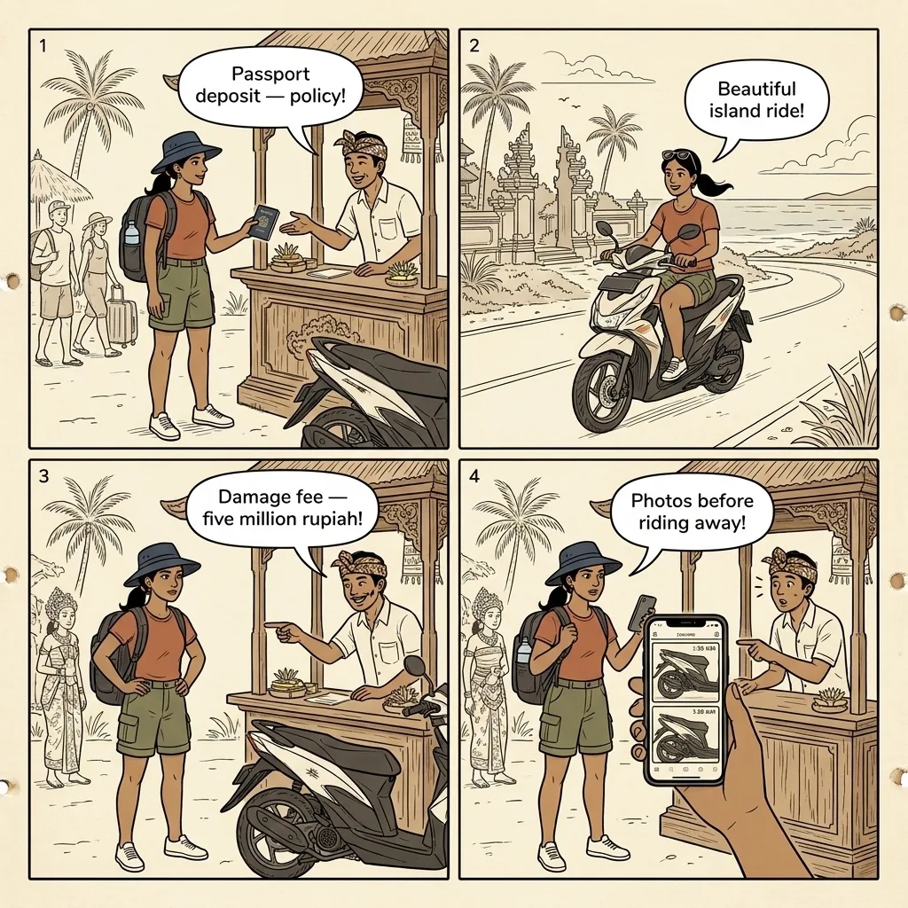 Scooter Rental 'Spare Key Theft' & Pre-Damage Claim Scam — comic illustration