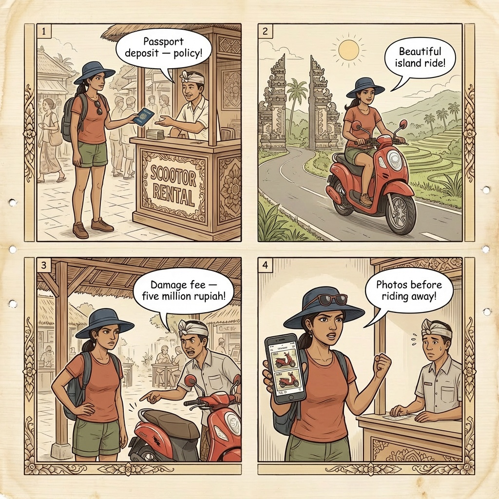 Bali Kuta motorcycle phone-snatch comic, tourist on a Kuta beachfront road with a Bintang t-shirt while a passing scooter rider reaches across