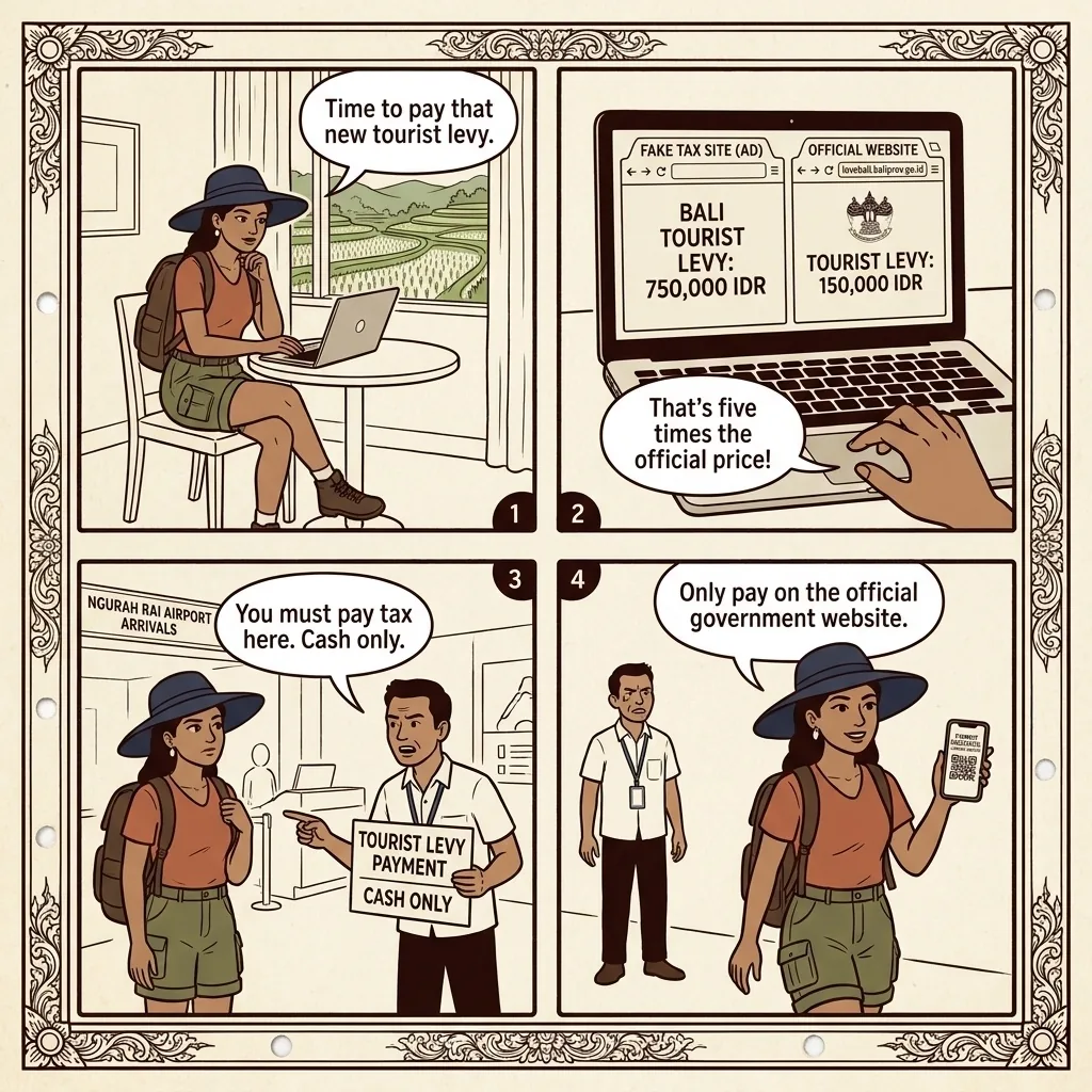 'Tourist Levy' / Bali Tourist Tax Confusion & Scam Sites — comic illustration