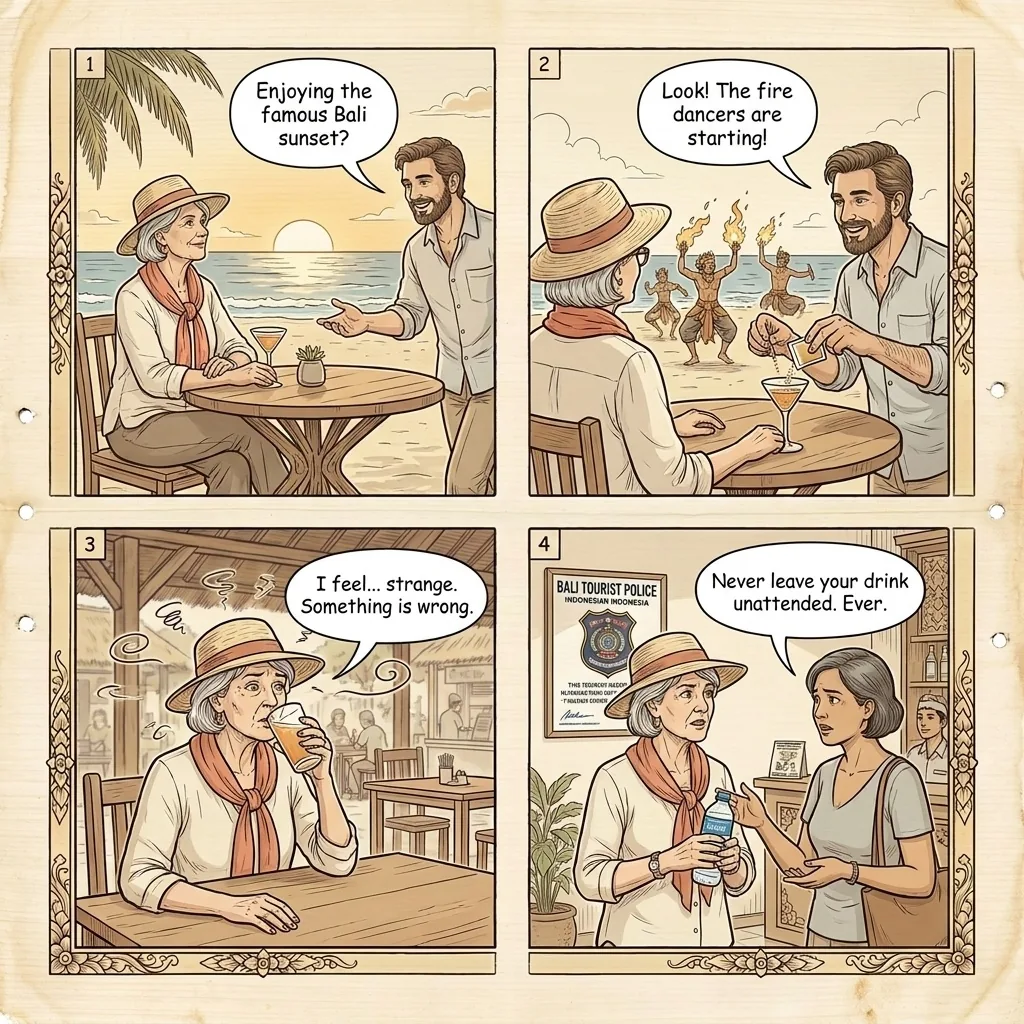 Organized Drink Spiking at Bali Beach Clubs & Nightlife — comic illustration
