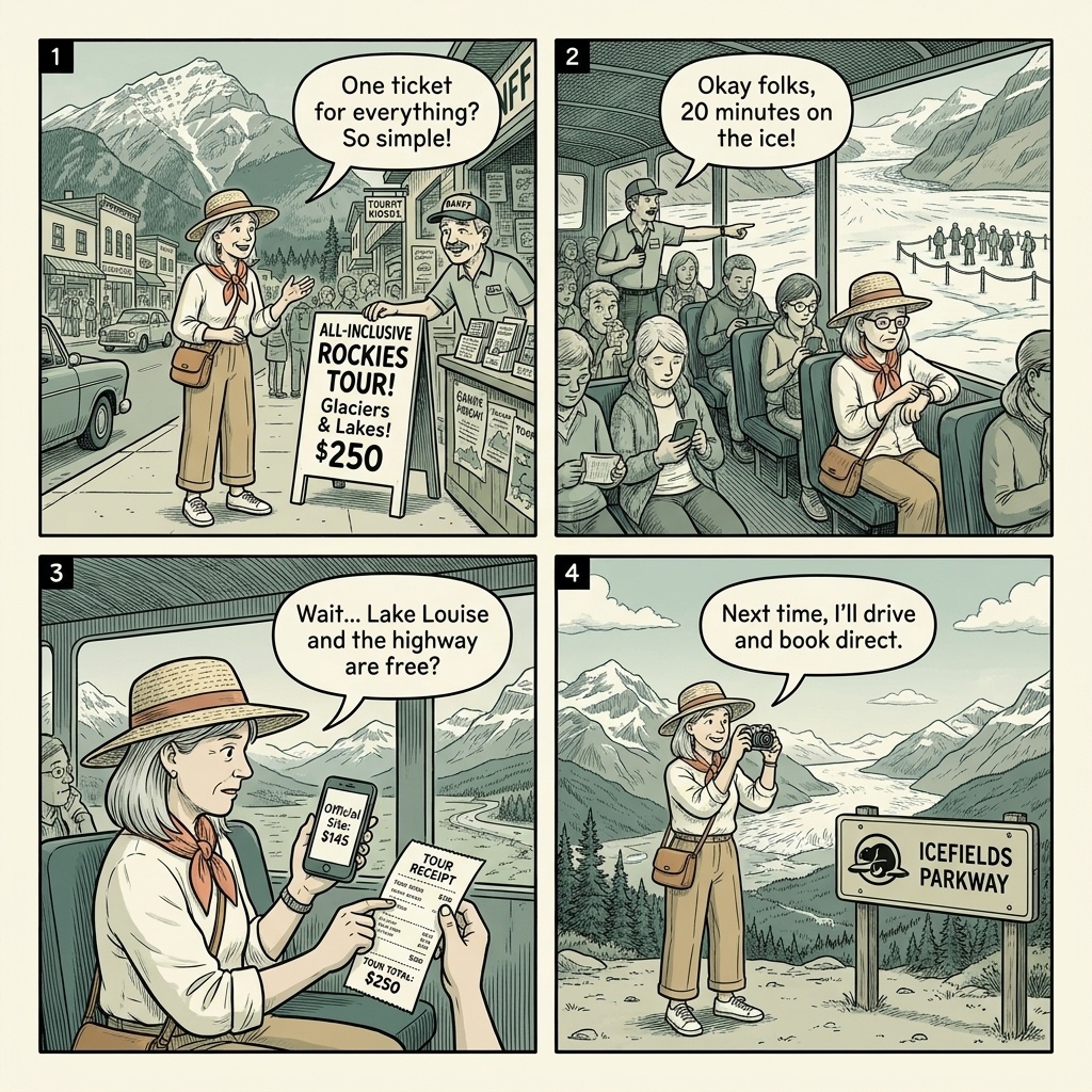 Columbia Icefield Adventure & Glacier Skywalk Tour Package Markup — comic illustration
