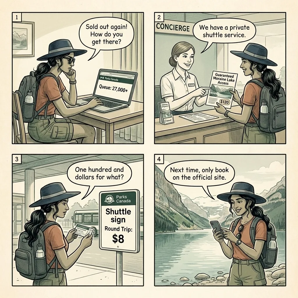 Moraine Lake & Lake Louise Shuttle Reservation Reseller Fraud — comic illustration
