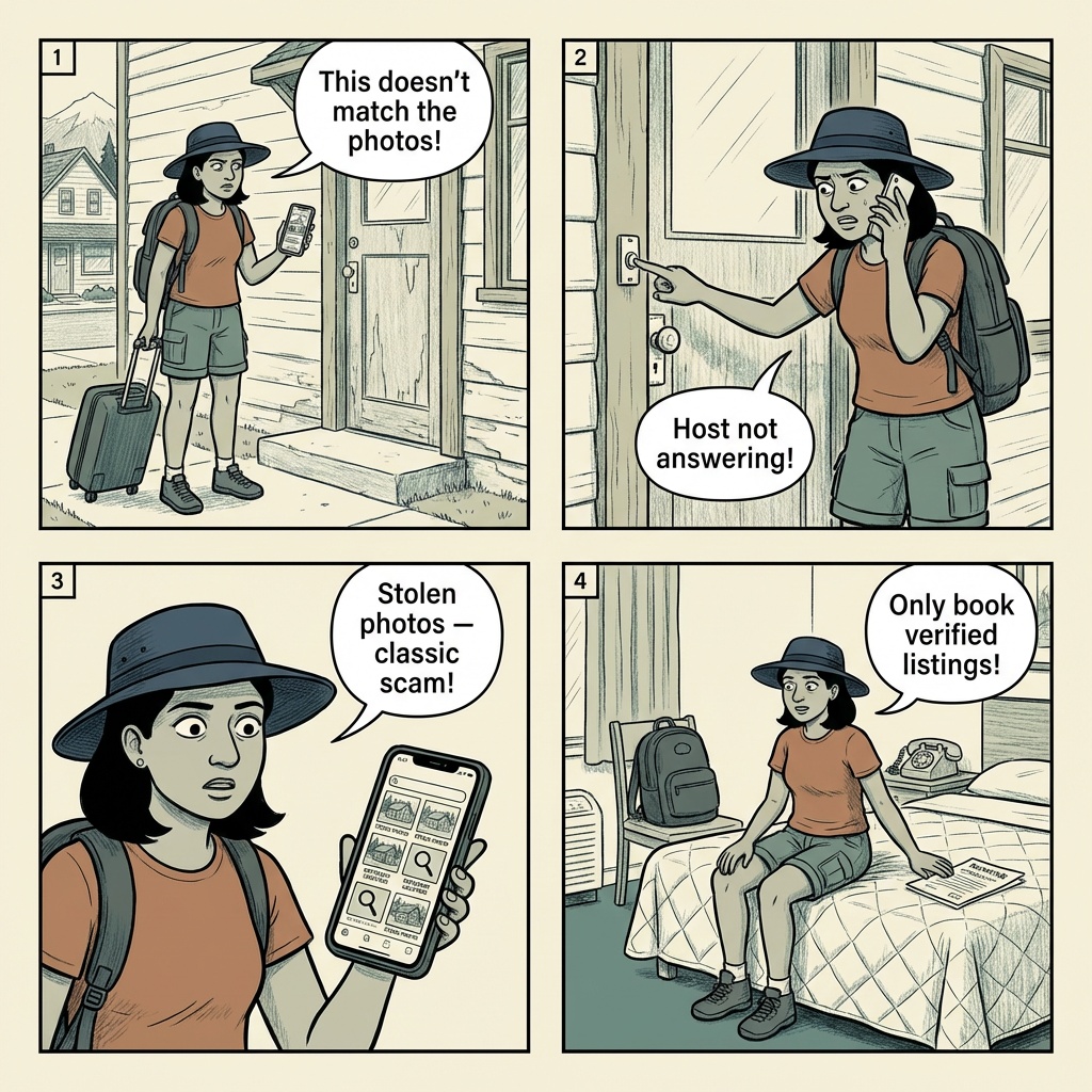 Banff Vacation Rental & Hotel Booking Fraud — comic illustration