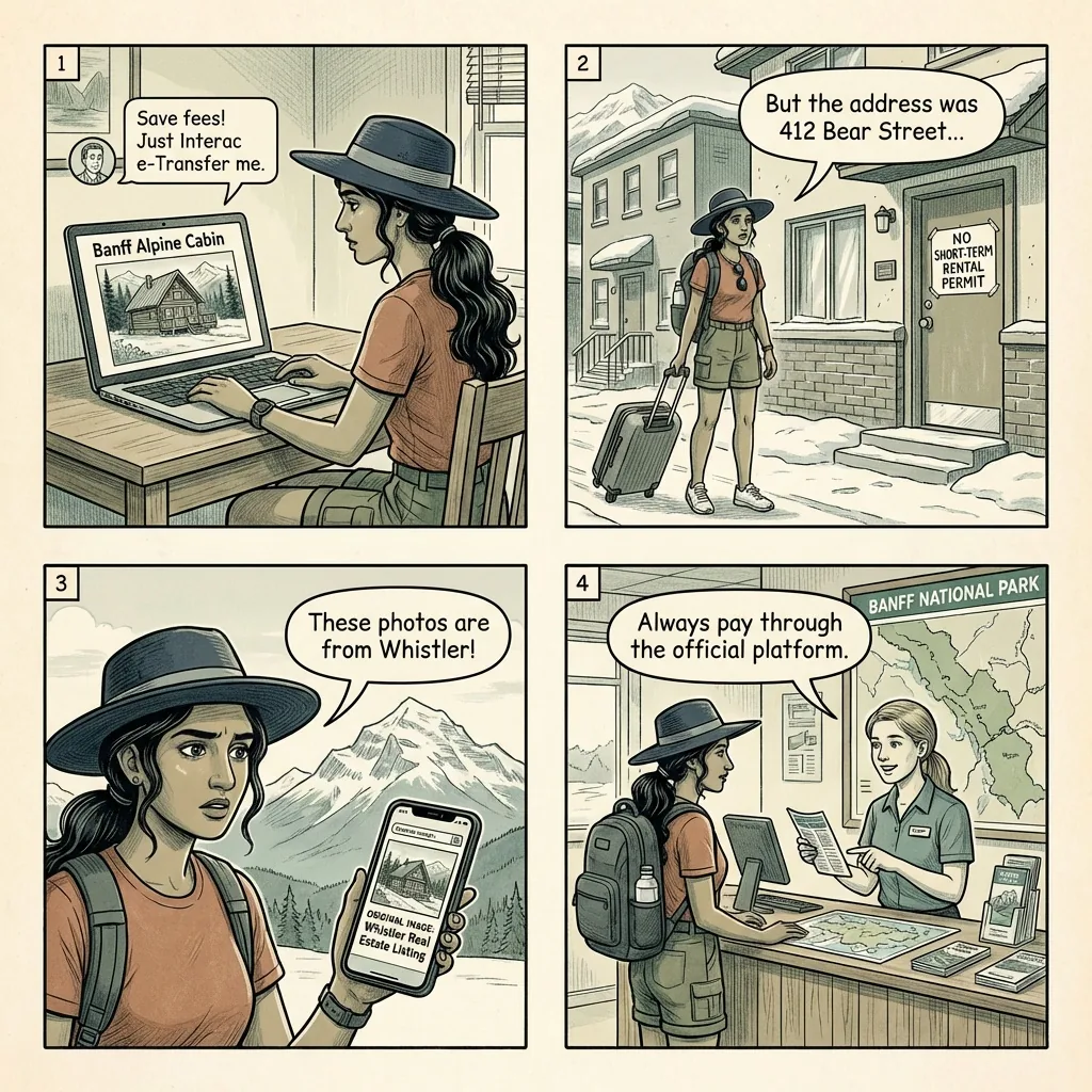 Banff Vacation Rental & Hotel Booking Fraud — comic illustration