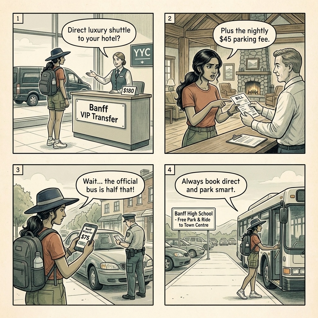 YYC Calgary Airport-to-Banff Shuttle & Hotel Parking Overcharge — comic illustration