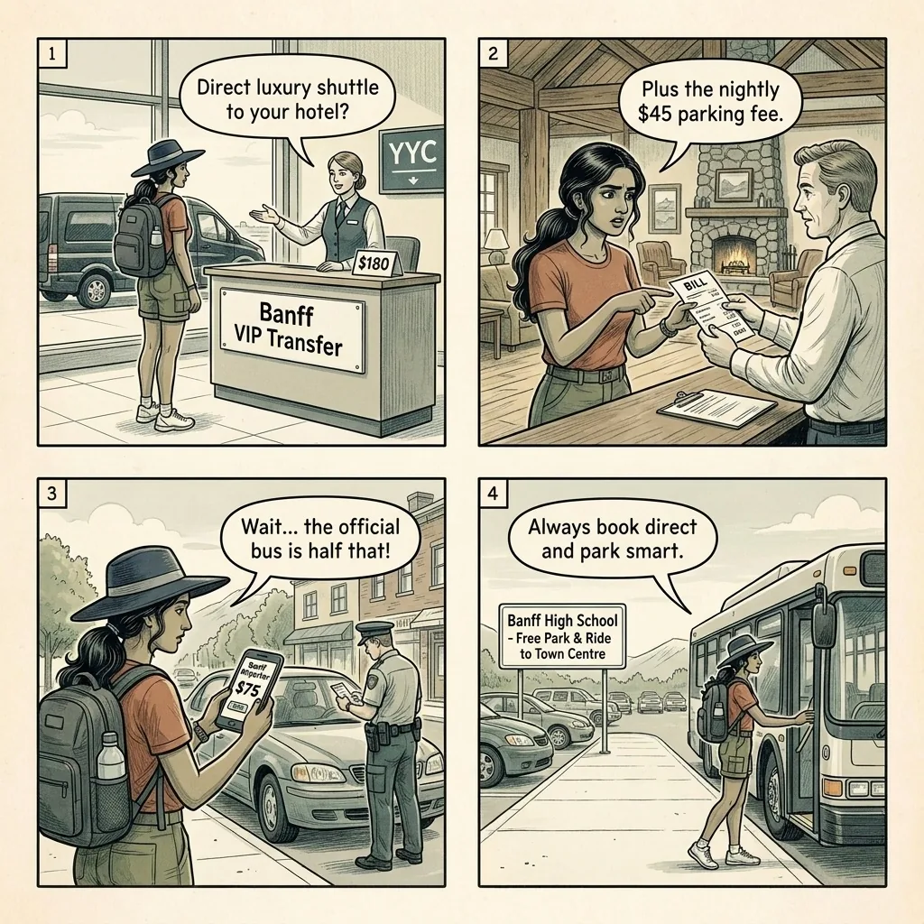 YYC Calgary Airport-to-Banff Shuttle & Hotel Parking Overcharge — comic illustration