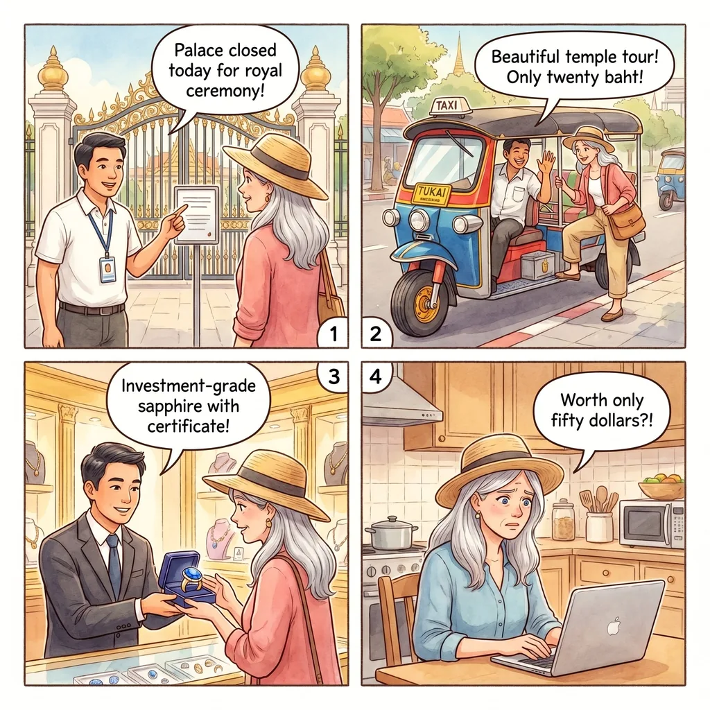 Grand Palace Closed Tuk-Tuk Gem Shop — comic illustration
