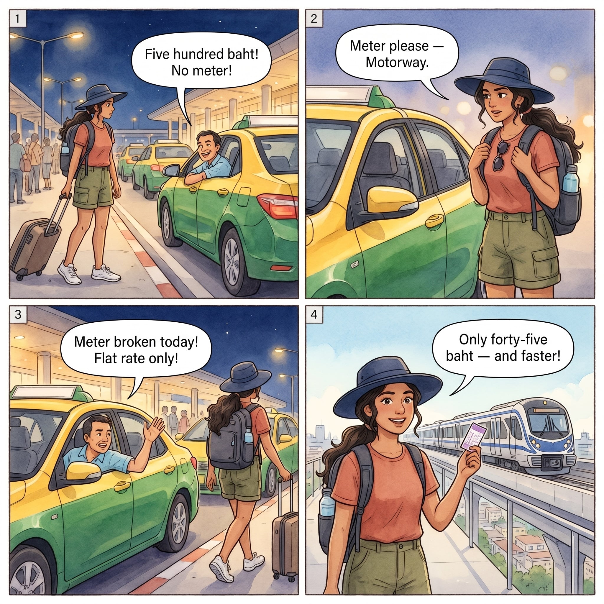 Bangkok Suvarnabhumi airport taxi meter refusal scam comic — driver refuses meter at official rank