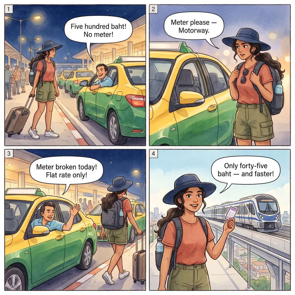 Suvarnabhumi Airport Taxi Meter Refusal — comic illustration