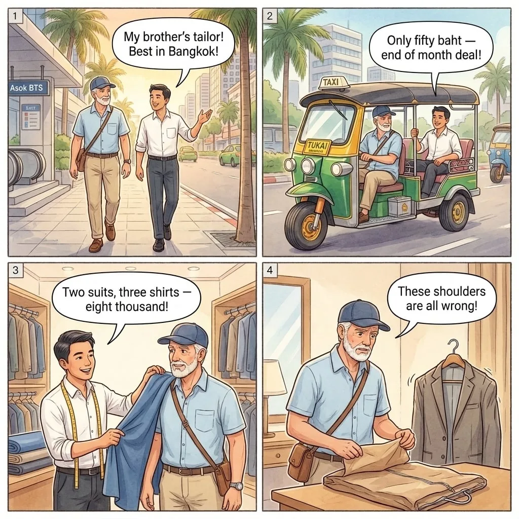 Tuk-Tuk Tailor Suit Scam — comic illustration