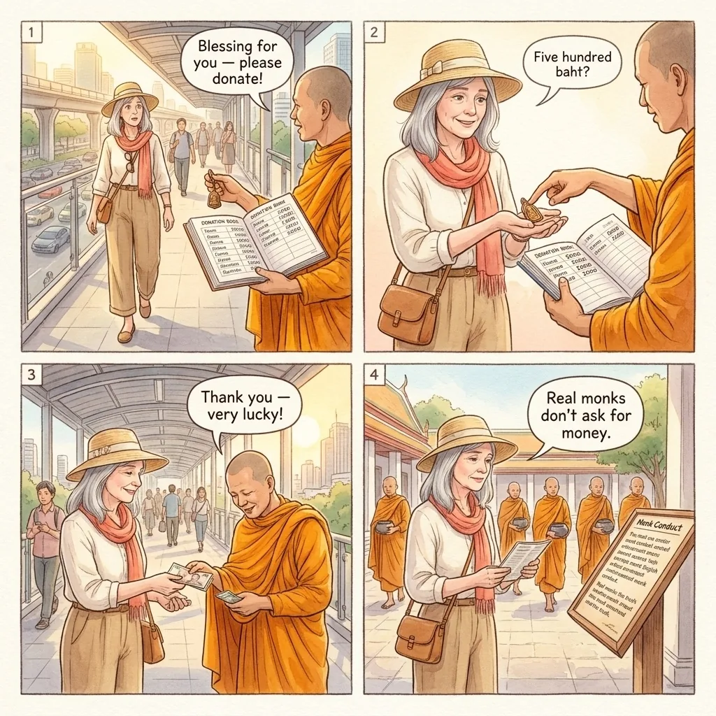 Fake Monk Donation Racket — comic illustration