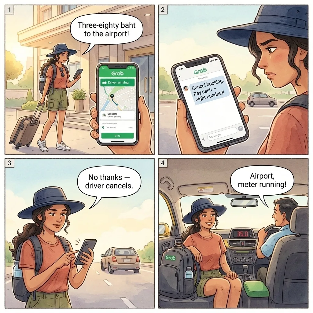 Grab/Bolt Cancel-and-Pay-Cash Switch — comic illustration