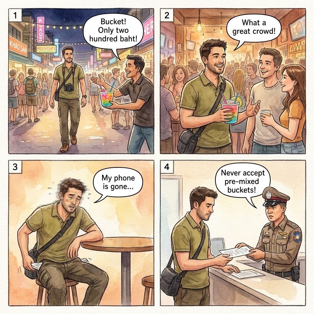 Bangkok Khao San pickpocket and drink-spike comic — late-night street with bar terrace and team working through the foot traffic