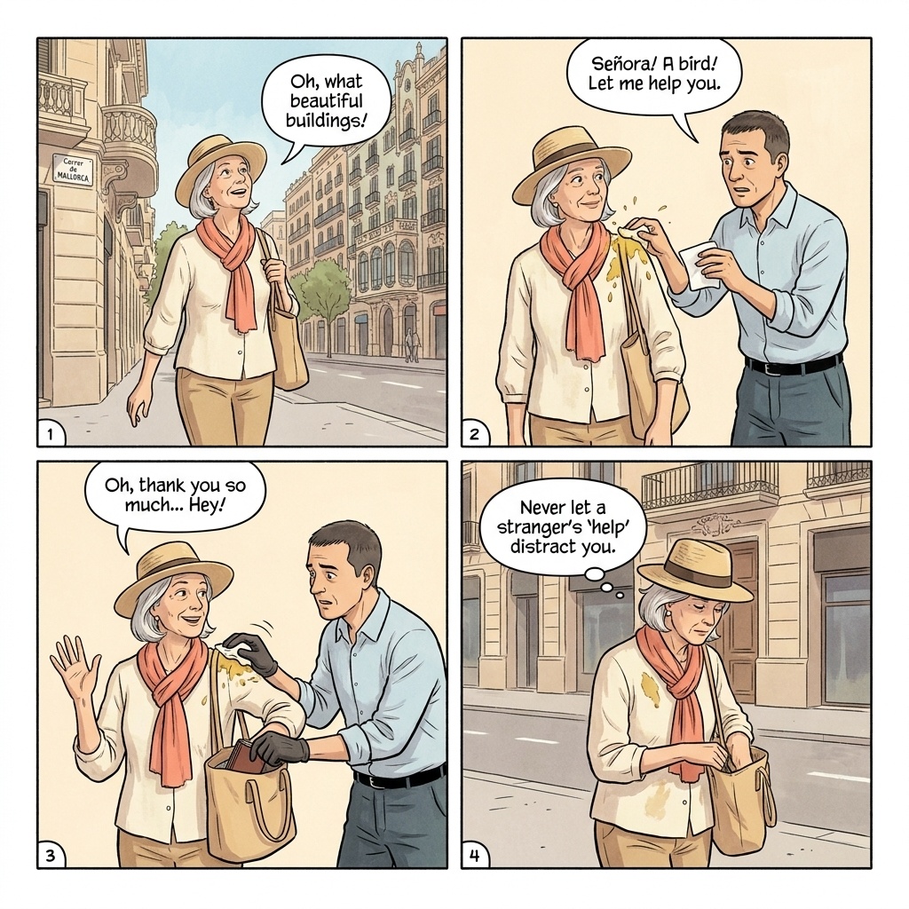 Barcelona Las Ramblas spilled coffee distraction comic, tourist on the central walkway with a paper cup of coffee splashed on the jacket and a helpful stranger offering napkins