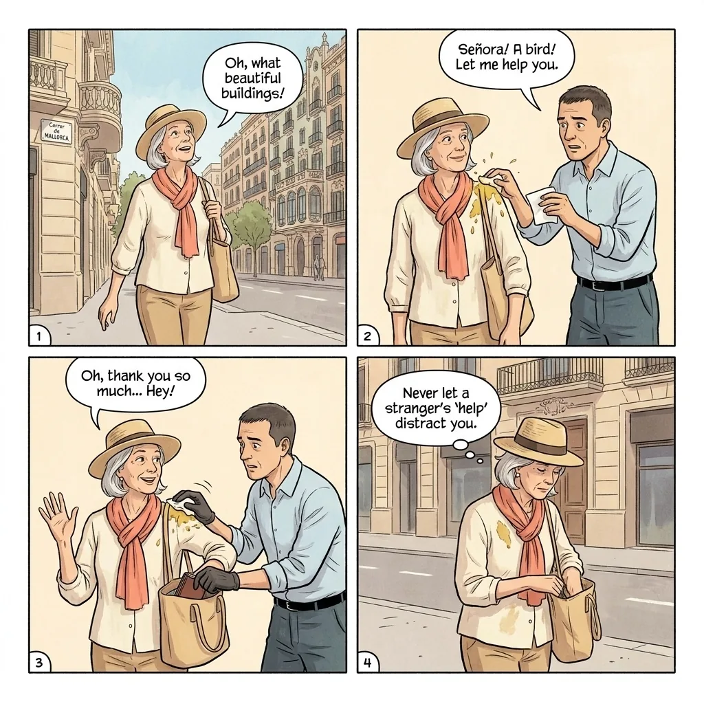 Bird Poop Distraction Robbery — comic illustration