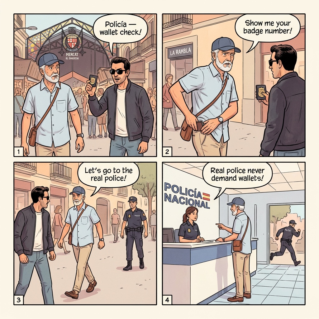 Barcelona Las Ramblas standalone ATM comic, tourist using a non-bank ATM with the skimmer overlay visible on the slot